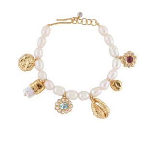 White Pearl Bracelet With Dangling Charms in Gold