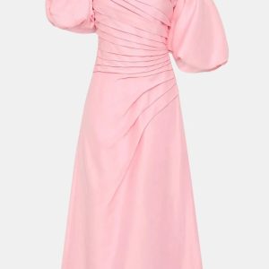 Cadence Ruched Midi Dress with Asymmetrical Neckline in Pink