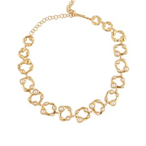 Statement Wave Chain Necklace With White Pearls in Gold